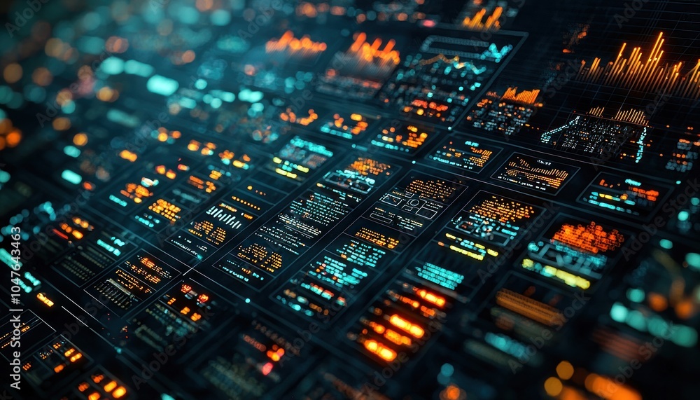 Poster Futuristic Interface with Glowing Digital Displays and Data Visualizations