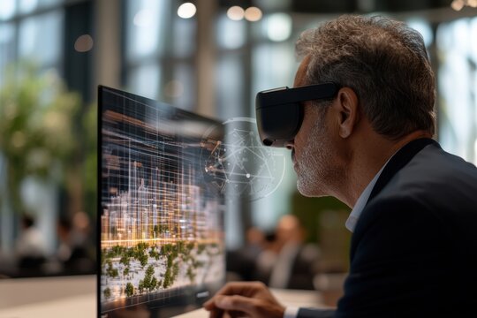 A man in formal attire explores a virtual world using a headset at work, showcasing the integration of virtual reality in a contemporary professional setting. - Powered by Adobe