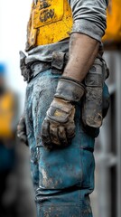 A male construction worker showcases his dirt-covered attire and tools, ready for work.