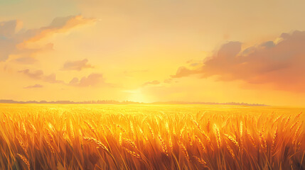 Obraz premium Scenic golden wheat field illuminated by a warm sunset, leading to a serene and tranquil horizon under a partly cloudy sky. Golden Wheat Field. Illustration