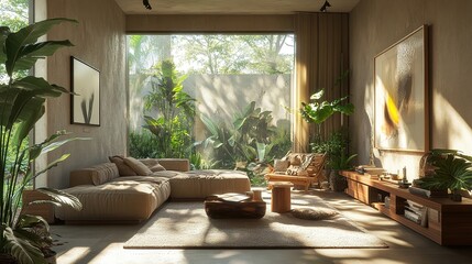 Fototapeta premium A home interior with nature-inspired decor, featuring earthy tones, wood textures, and plant life.