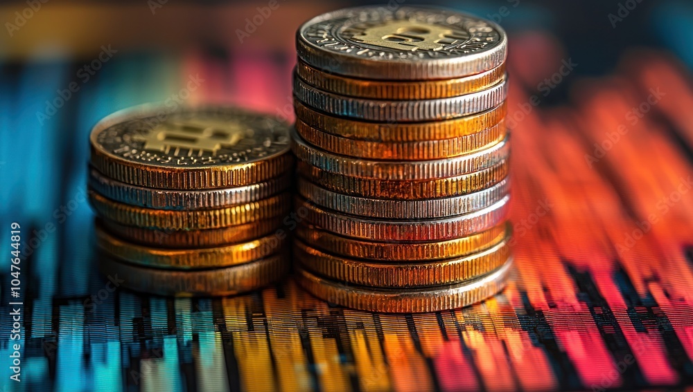 Poster stacks of bitcoin cryptocurrency coins on a stock chart
