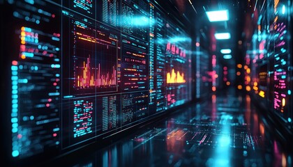 A wall of glowing digital screens displaying data and code in a futuristic setting.