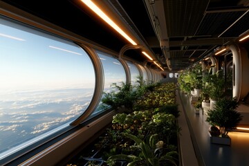 A futuristic greenhouse within a spacecraft, offering breathtaking views of Earth through circular windows, merging space travel with sustainable plant cultivation.