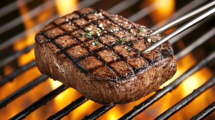 A succulent beef steak is carefully positioned on the grill using tongs, with vibrant flames providing a dramatic backdrop.