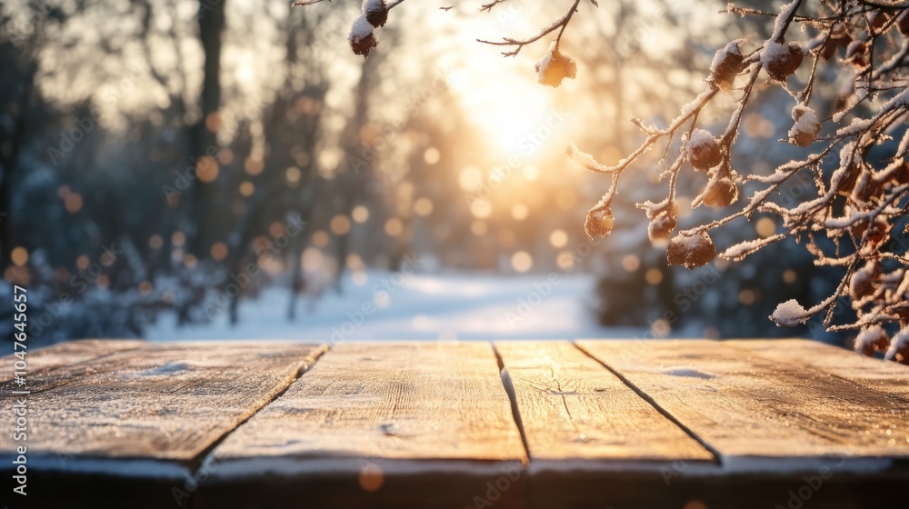 Aufkleber golden sunlight filters through frosty branches on a winter morning, illuminating a wooden table in 
