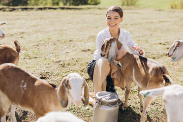 Happy Young Woman Enjoying Time with Goats on a Bright Sunny Day in a Peaceful Outdoor Farm Setting