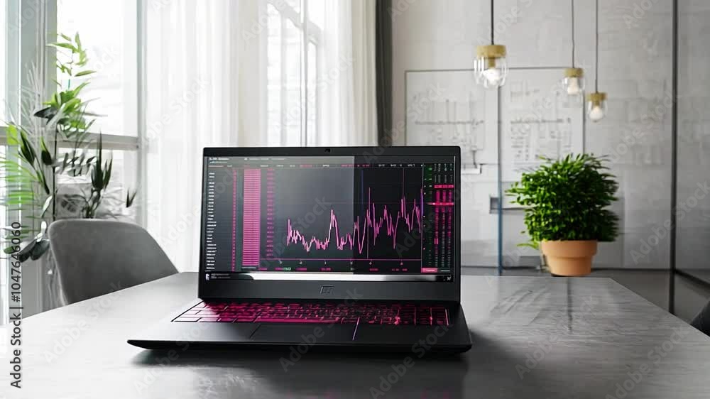 Poster a sleek laptop displaying data analytics in a modern office with large windows and stylish decor
