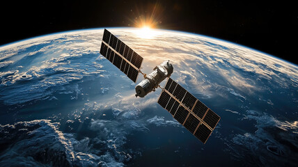 Fototapeta premium Orbiting satellite flying in space on background of Earth planet, view of sun and clouds. Concept of weather, globe, climate change
