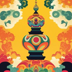 Fototapeta premium Colorful abstract art with a central, ornate structure.