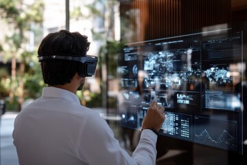 A man equipped with a VR headset engages with a digital interface in a tech-savvy environment, highlighting virtual reality's role in modern communication tools.