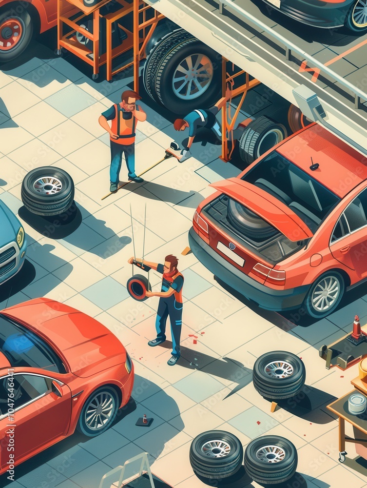 Aufkleber a team of mechanics is changing tires on different cars in a bustling workshop, utilizing tools and 