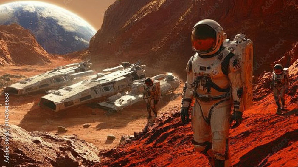 Poster three astronauts traverse a red terrain on an alien planet, with futuristic spacecraft visible on th
