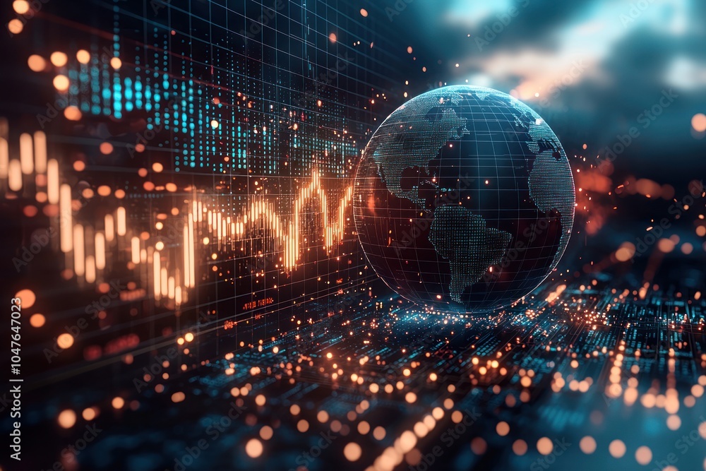 Poster Global Data Network with Digital Globe and Stock Chart
