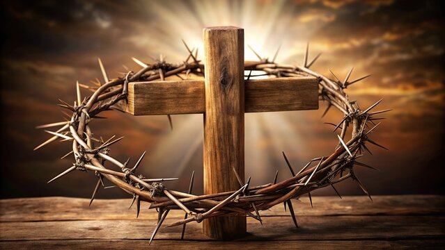 Symbolic Christian crucifixion cross and crown of thorns with selective depth of field