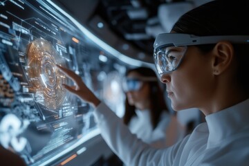 In a high-tech lab, scientists utilize an intricate digital touchscreen interface, reflecting modern innovation in data analysis and collaborative technological effort.