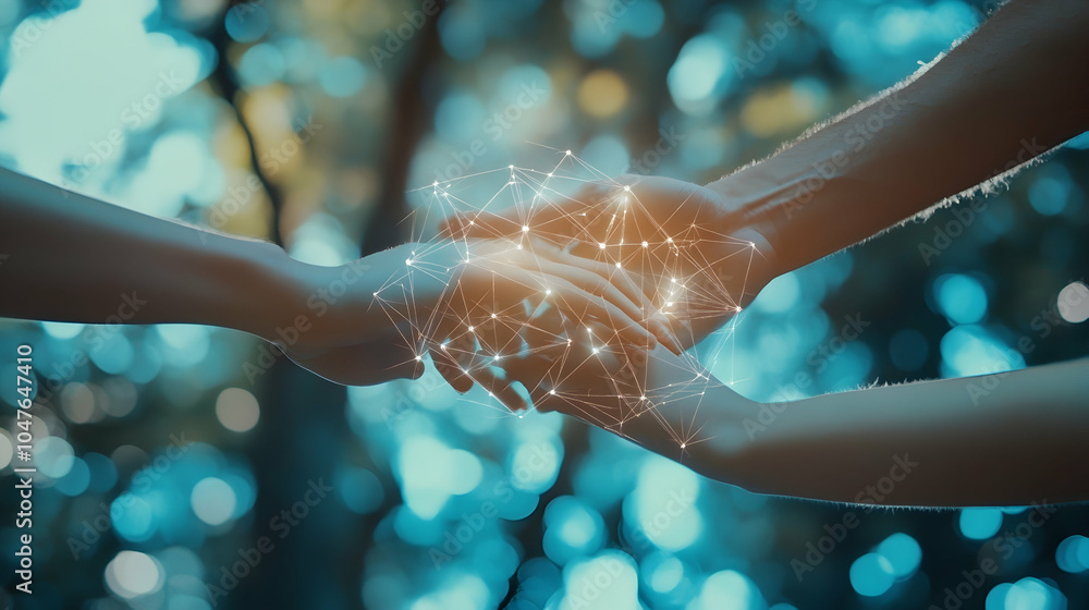 Aufkleber people connecting hands, symbolizing teamwork with a graphical overlay of points and lines. -