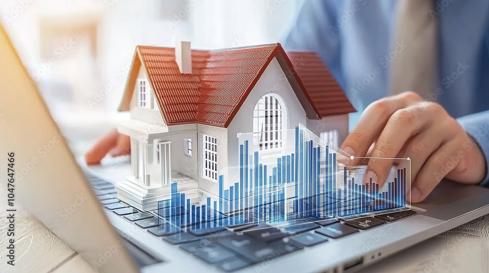 Poster a person analyzes real estate data using a laptop, with a 3d model of a house and graphical data ove
