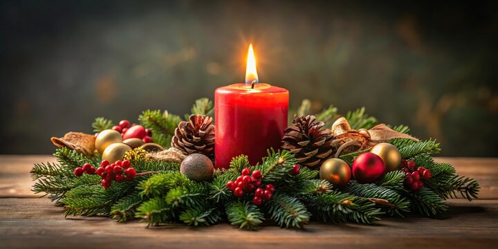 Symbolic Christmas decoration of a lit advent candle on a wreath