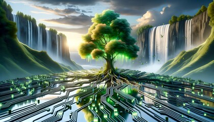 Surreal Harmony of Nature and Technology Digital Trees on Circuit Boards and Waterfalls over Metallic Structures Symbolising Sustainable Innovation