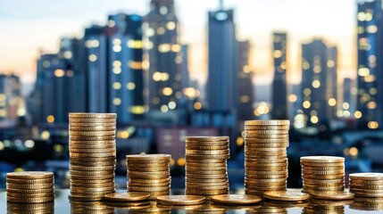 A close-up of stacked gold coins against a blurred city skyline, symbolizing wealth and finance in an urban environment.