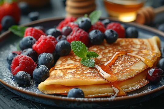 A plate of traditional Russian pancakes, oladyi, served with honey and fresh berries. 