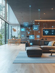 Smart Home Technology Visualization: Holographic Displays & Touch-Screen Icons in a Modern Open-Plan Living Room for Seamless Connectivity