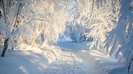 Obraz premium Winter Wonderland: A serene pathway winds through a snow-covered forest, bathed in the golden glow of the morning sun. The delicate frost-covered branches create a magical and ethereal atmosphere. 
