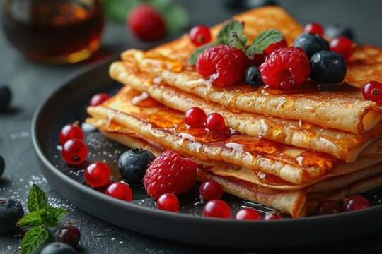 A plate of traditional Russian pancakes, oladyi, served with honey and fresh berries. 