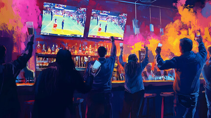 Naklejka premium Vibrant sports bar atmosphere with patrons celebrating energetically -