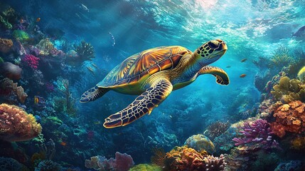 Fototapeta premium A marine turtle swimming gracefully in a coral reef, its natural habitat filled with vibrant marine life.