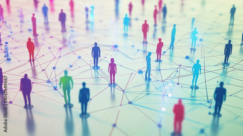 Poster silhouettes of diverse figures connected by colorful networks representing collaboration.