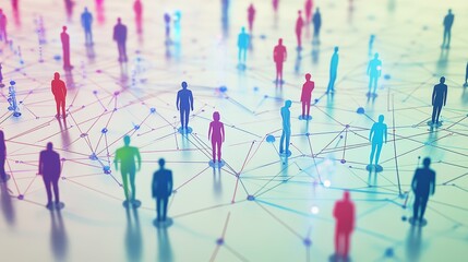 Silhouettes of diverse figures connected by colorful networks representing collaboration.