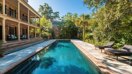 Fototapeta premium A serene backyard scene featuring a sparkling pool surrounded by lush greenery and elegant sun loungers under bright blue skies.