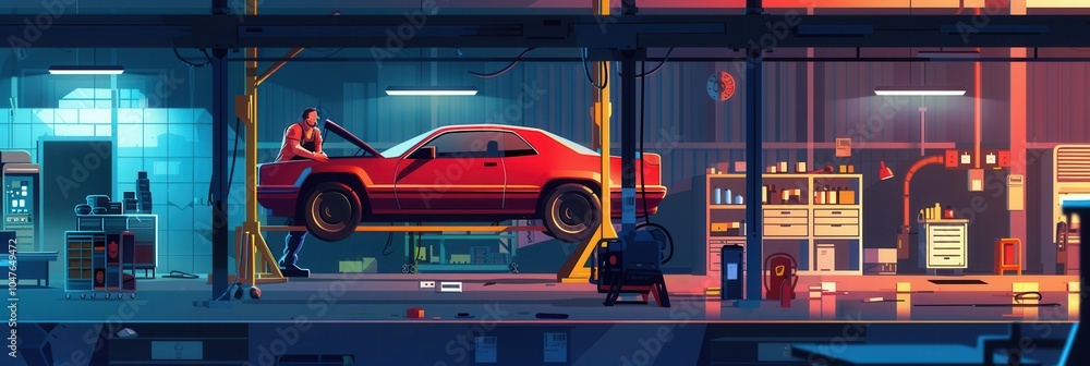 Leinwandbilder a skilled mechanic inspects the underside of a car lifted high on a hoist inside a brightly illumina