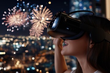 A close-up shot of a woman gazing upward while wearing a VR headset, completely immersed in a virtual world with spectacular, colorful fireworks lighting up the city night sky.