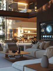 Smart Home Technology Visualization: Holographic Displays & Touch-Screen Icons in a Modern Open-Plan Living Room for Seamless Connectivity