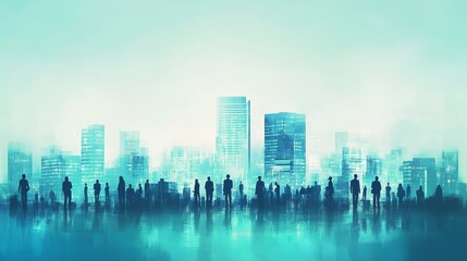 Fototapeta premium Silhouettes of people against a dreamy urban skyline in a blue-green hue.