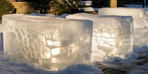Frozen Light Sculpture: Three large ice blocks, illuminated from within, cast a warm glow on a snowy winter landscape, creating an ethereal and captivating spectacle. 