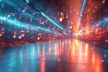 Neon Music Notes in a Glowing Tunnel