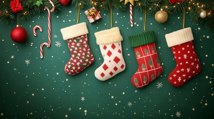 Green background with Christmas stockings: Green background with hanging Christmas stockings filled with candy canes, gifts, and festive decorations