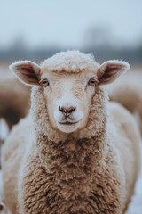 Fototapeta premium A close-up photograph of a sheep with fluffy wool looking curiously at the camera, set in a natural outdoor environment.
