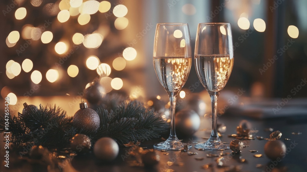 Poster two sparkling glasses are placed on a table surrounded by holiday ornaments and twinkling lights, cr