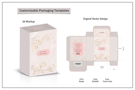 Perfume Packaging design, luxury box design template, Box die line, 3d Box Mockup, and Design elements. Illustration Vector design Template.