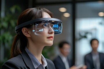 The image shows a businesswoman focused on examining data through an augmented reality headset, symbolizing technology-driven insight and comprehensive engagement.