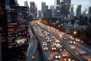 This image captures a bustling city highway with evening traffic, overlaying digital graphics, representing the integration of technology in urban environments.
