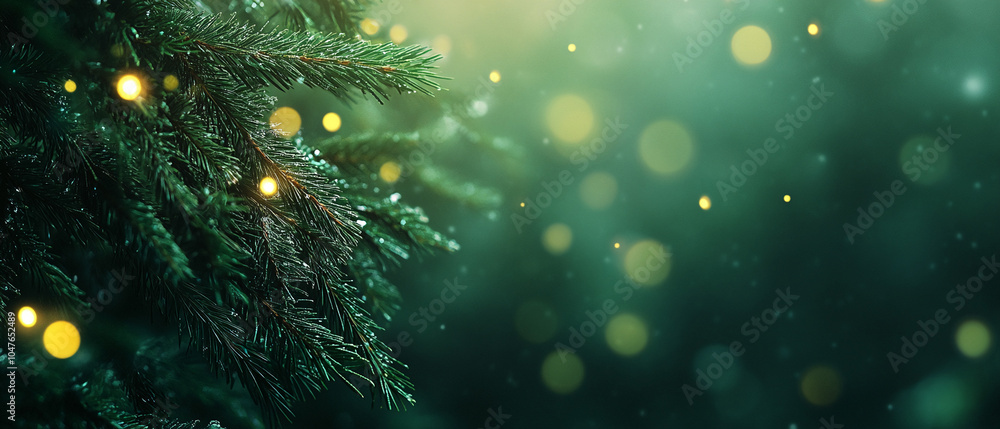 Poster A close-up of a pine branch with twinkling lights and bokeh in the background, creating a magical winter scene
