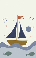 Playful illustration of a sailboat with a blue sail and a red flag, sailing on a wavy sea with two fish swimming below