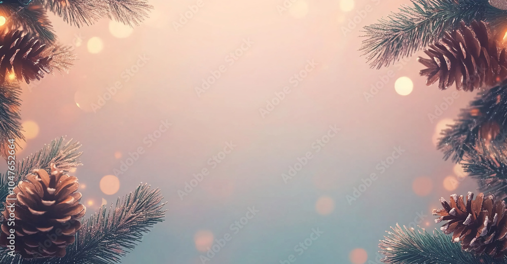 Poster pine branches frame a soft, blue and pink background with bokeh lights