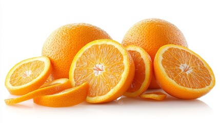 Group of oranges with slices and peels, isolated on a pure white background, capturing their citrusy appeal